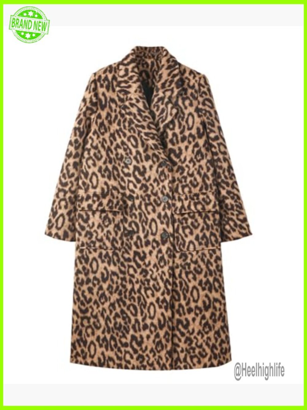 Leopard Print Long Trench Coat Notched Lapel Double Breasted Pea Coat Wool - Picture 5 of 6